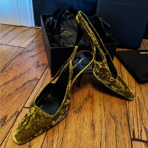 Saint Laurent olive green velvet heels slingbacks